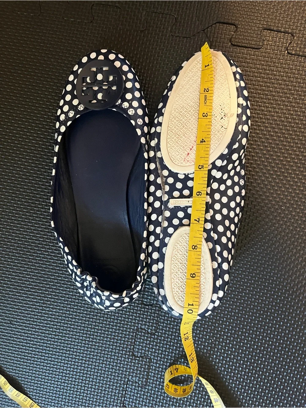 Tory Burch Navy and White Polka Dot Logo Ballet Flats Size 9.5